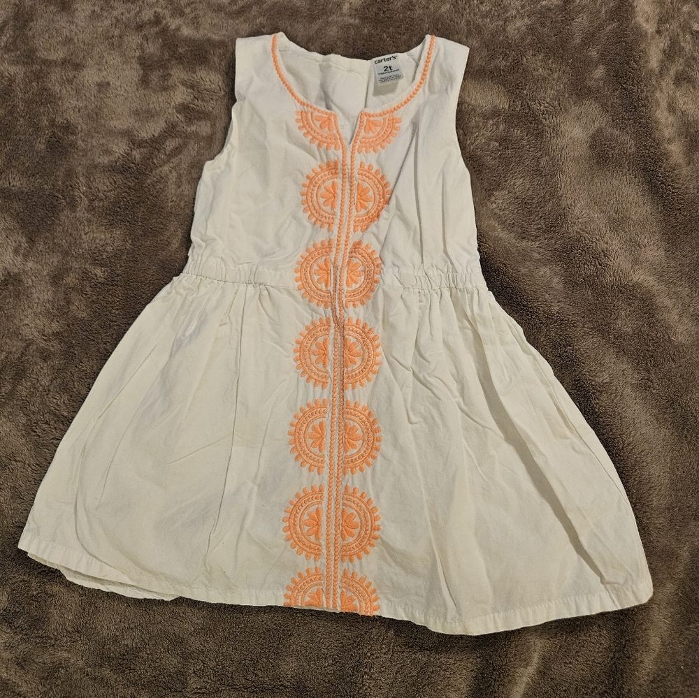 Carter's White Dress with Vibrant Coral Embroidery